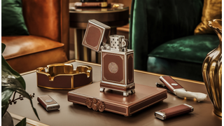 A sophisticated living room with a stylish table lighter, ashtray, and nicotine pouches, set in a warm, luxurious color palette.