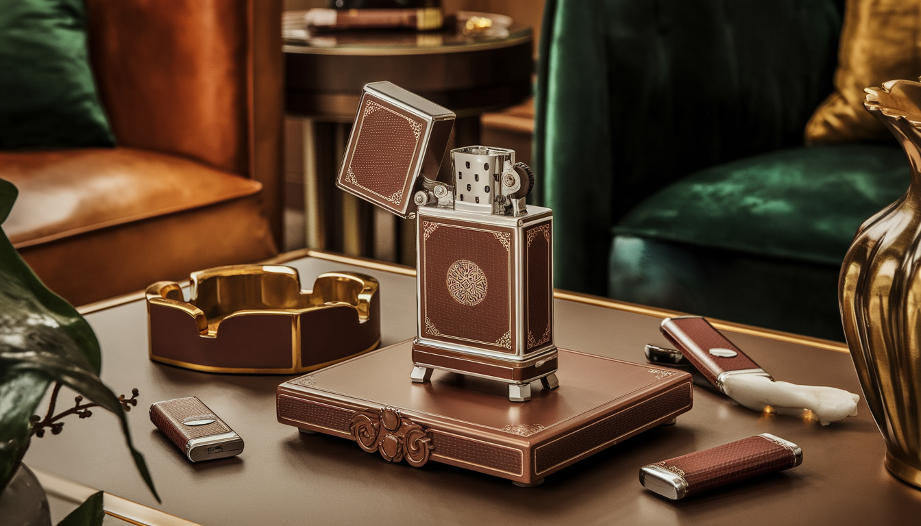 A sophisticated living room with a stylish table lighter, ashtray, and nicotine pouches, set in a warm, luxurious color palette.