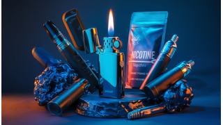 A sleek torch lighter with a vibrant flame surrounded by a stylish cannabis vaporizer, colorful nicotine pouches, and sleek disposable vapes, set against a dynamic lighting backdrop in deep blues, metallic silvers, and warm oranges.