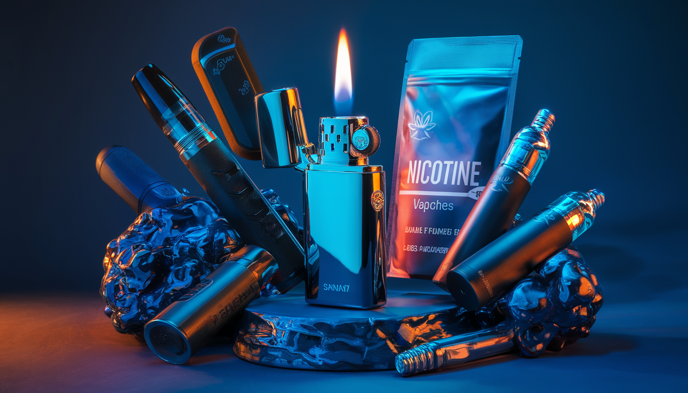 A sleek torch lighter with a vibrant flame surrounded by a stylish cannabis vaporizer, colorful nicotine pouches, and sleek disposable vapes, set against a dynamic lighting backdrop in deep blues, metallic silvers, and warm oranges.