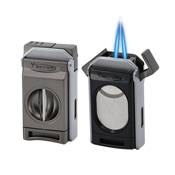 Vector Switch Double Flame Torch Lighter with Cigar Cutter - Chrome Satin