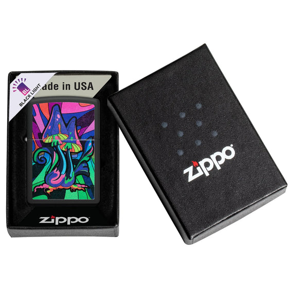 Zippo Lighter - Black Light Vibrant Mushroom