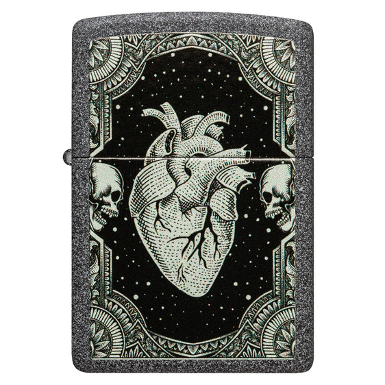 Zippo Lighter - Detailed Heart w/ Skeleton Border