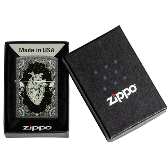 Zippo Lighter - Detailed Heart w/ Skeleton Border