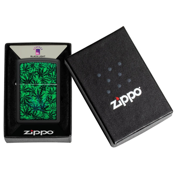 Zippo Lighter - Black Light Cannabis
