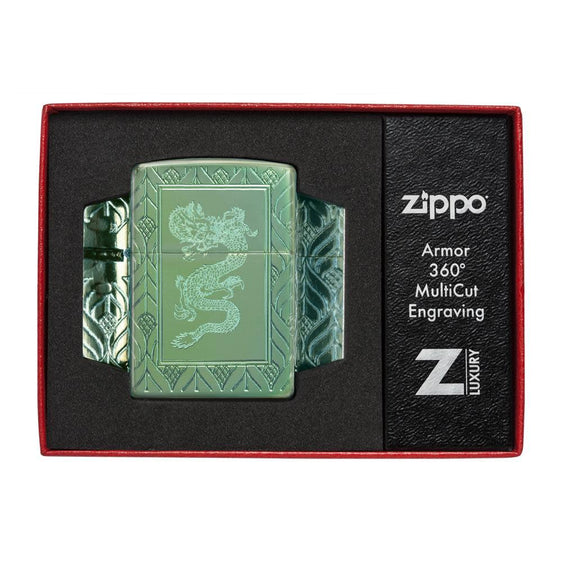 Zippo Lighter - Art Deco Carved Dragon Armor High Polish Green