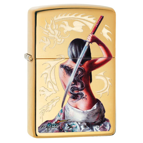 Zippo Lighter - Mazzi Girl Slays Dragon High Polish Brass