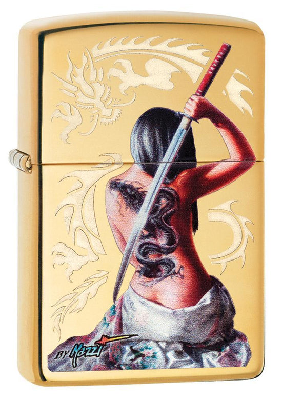 Zippo Lighter - Mazzi Girl Slays Dragon High Polish Brass
