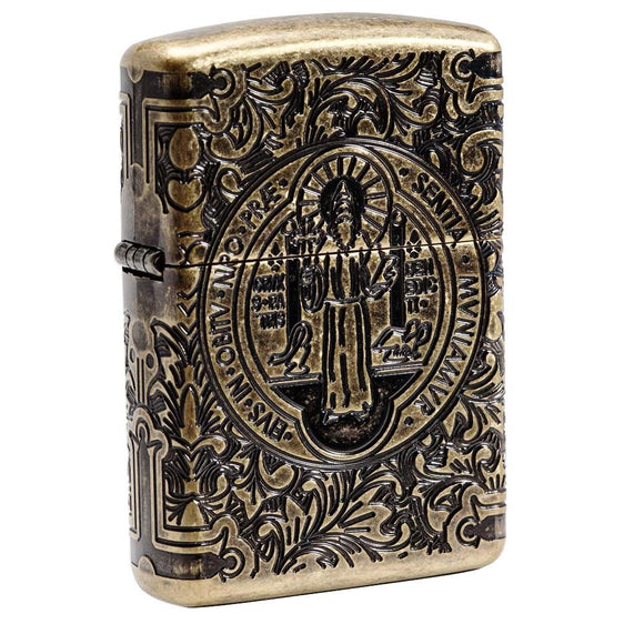 Zippo Lighter - St. Benedict Design Antique Brass
