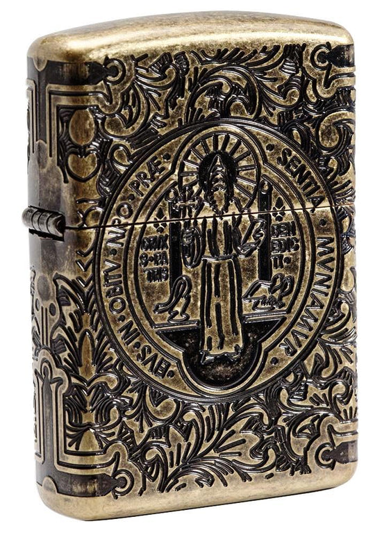 Zippo Lighter - St. Benedict Design Antique Brass