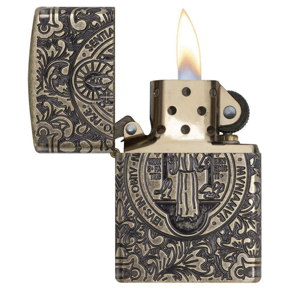 Zippo Lighter - St. Benedict Design Antique Brass
