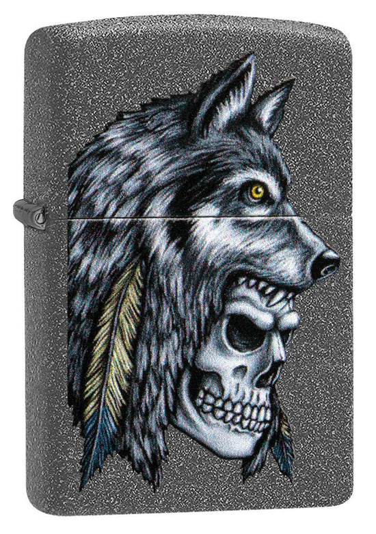 Zippo Lighter - Wolf Skull Feather Design