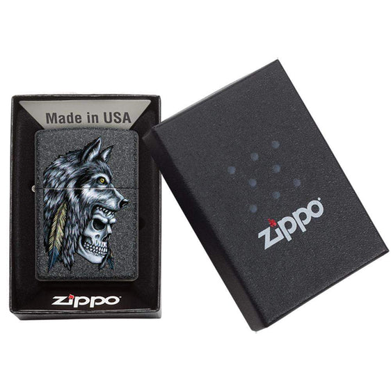 Zippo Lighter - Wolf Skull Feather Design