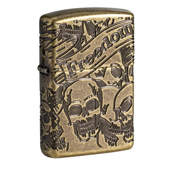Zippo Lighter - Freedom Skull Antique Brass