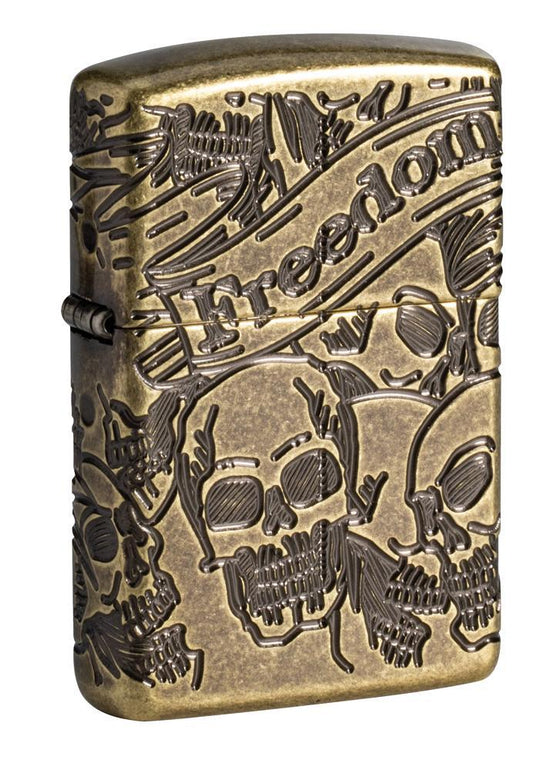 Zippo Lighter - Freedom Skull Antique Brass