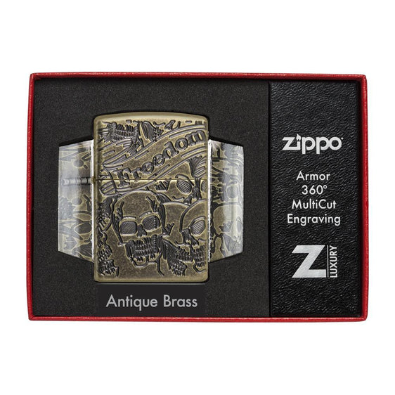 Zippo Lighter - Freedom Skull Antique Brass