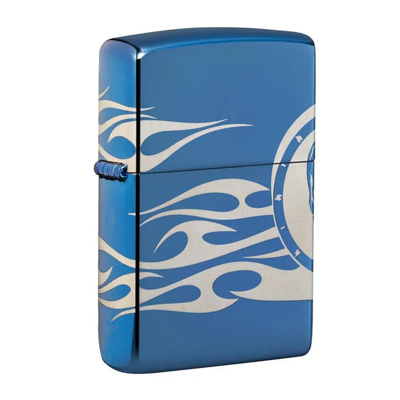 Zippo Lighter - Skull Tattoo w/ Flames High Polish Blue - Lighter USA