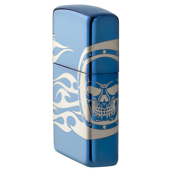 Zippo Lighter - Skull Tattoo w/ Flames High Polish Blue - Lighter USA
