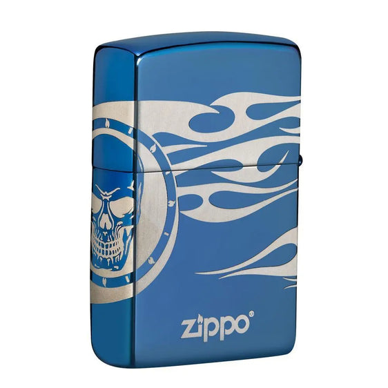 Zippo Lighter - Skull Tattoo w/ Flames High Polish Blue - Lighter USA