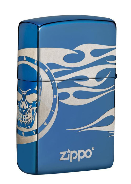 Zippo Lighter - Skull Tattoo w/ Flames High Polish Blue