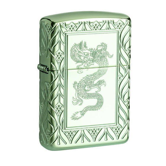 Zippo Lighter - Art Deco Carved Dragon Armor High Polish Green