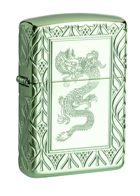 Zippo Lighter - Art Deco Carved Dragon Armor High Polish Green