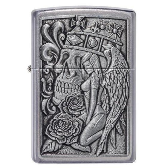 Zippo Lighter - Skull and Angel Emblem Street Chrome Design