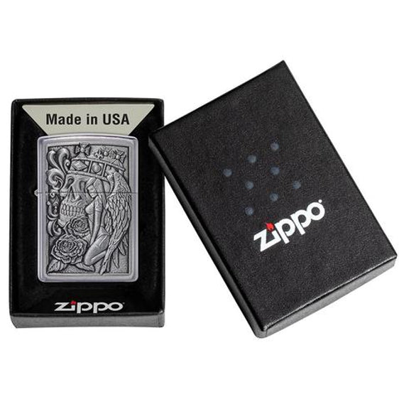 Zippo Lighter - Skull and Angel Emblem Street Chrome Design