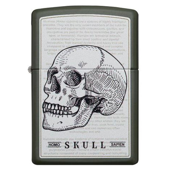 Zippo Lighter - Homo Sapien Skull Green Matte Design