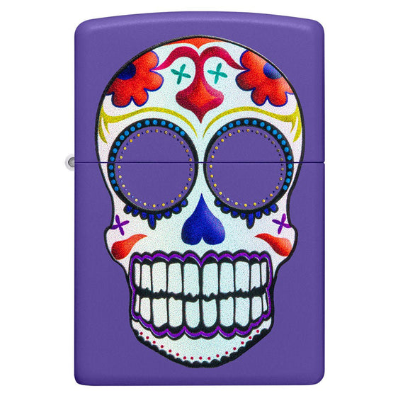Zippo Lighter - Day of the Dead Sugar Skull on Purple Matte Finish