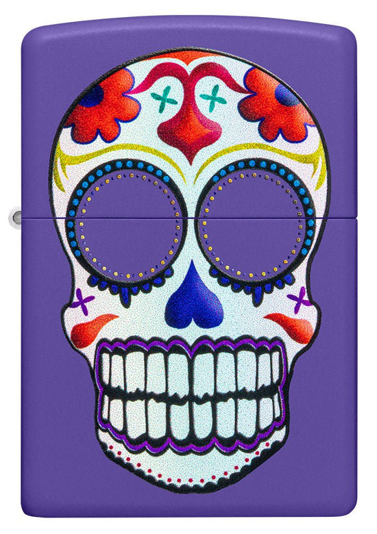 Zippo Lighter - Day of the Dead Sugar Skull on Purple Matte Finish