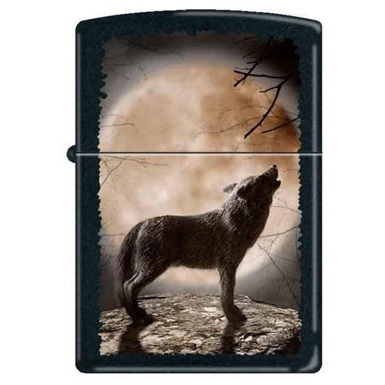 Zippo Lighter - Wolf Howling at Moon Black Matte