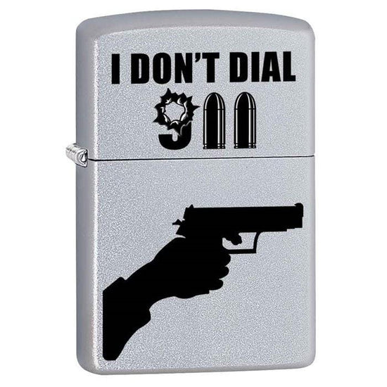 Zippo Lighter - I Don't Dial 911 Satin Chrome