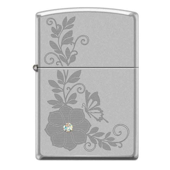 Zippo Lighter - Flower w/ Swarovski Crystal Satin Chrome