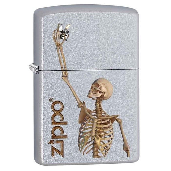 Zippo Lighter - Skeleton Holding Zippo Satin Chrome