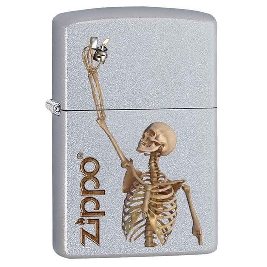 Zippo Lighter - Skeleton Holding Zippo Satin Chrome