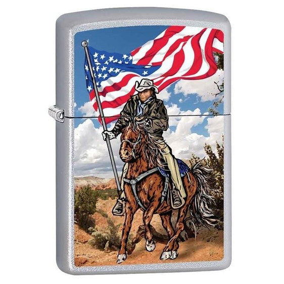 Zippo Lighter - Cowboy on Horse w/ Flag Satin Chrome