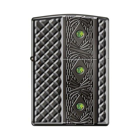 Zippo Lighter - Triple Stone Carved Heavy Walled w/ Swarovski Crystals