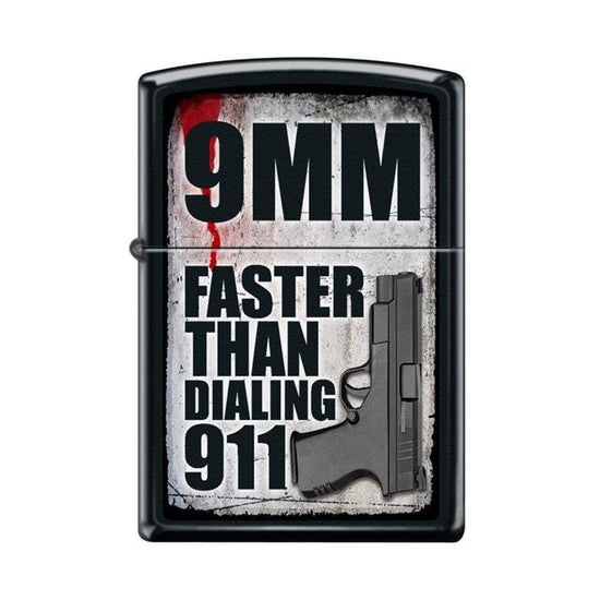 Zippo Lighter - 9MM Faster Than Dialing 911 Black Matte