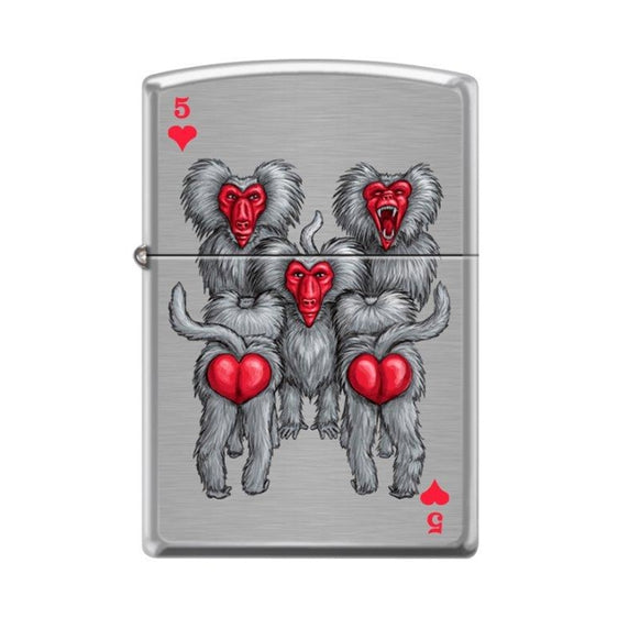 Zippo Lighter - Monkeys 5 of Hearts Brushed Chrome