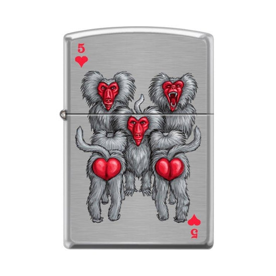 Zippo Lighter - Monkeys 5 of Hearts Brushed Chrome