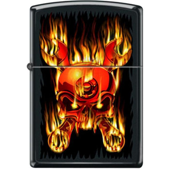 Zippo Lighter - Skull Flaming Wrenched Black Matte