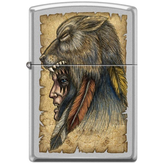 Zippo Lighter - Wolf Headdress Satin Chrome