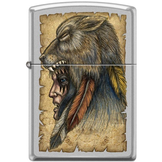 Zippo Lighter - Wolf Headdress Satin Chrome