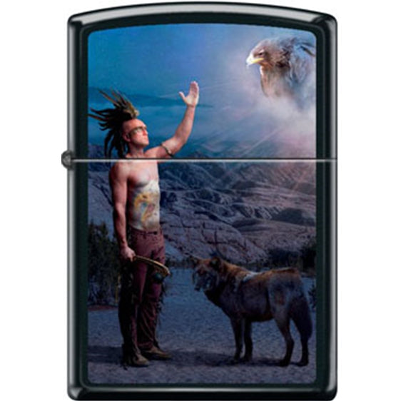 Zippo Lighter - Indian with Animals Black Matte