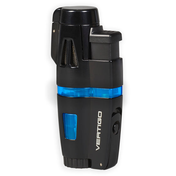 Vertigo Crusher Triple Torch Flame Lighter w/Cigar Punch Black Matte & Blue