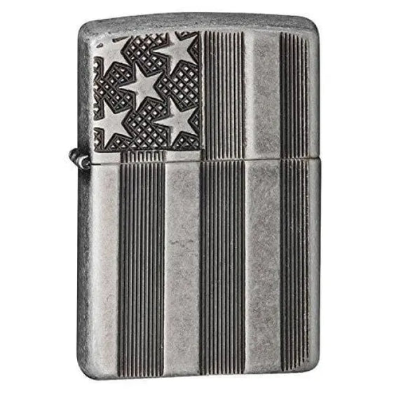 Zippo Lighter - American Flag Armor Antique Silver Plate