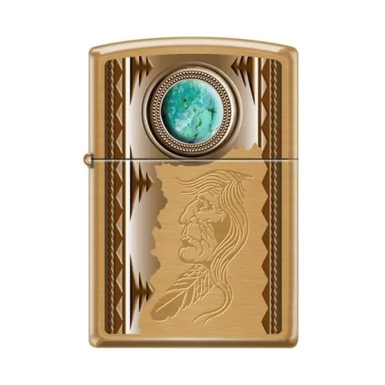Zippo Lighter - American Indian w/ Turquoise Brush Brass