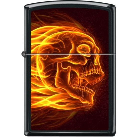 Zippo Lighter - Flaming Skull Black Matte