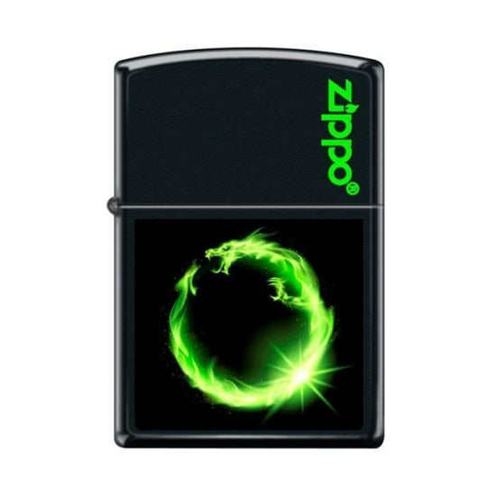 Zippo Lighter - Green Fire Dragon Ring Black Matte